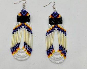 Porcupine Quill Earrings - Native American - Glass Beads - Blue - Powwow Earrings