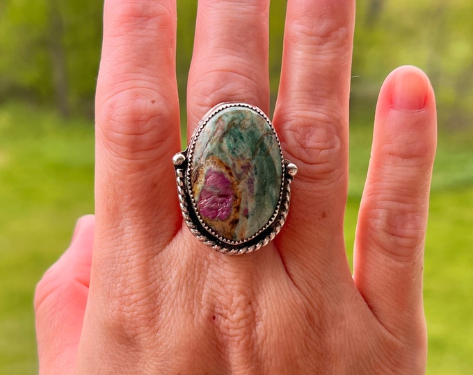 Size 8.8 - Ruby Zoisite Fuchsite - Sterling Silver Ring