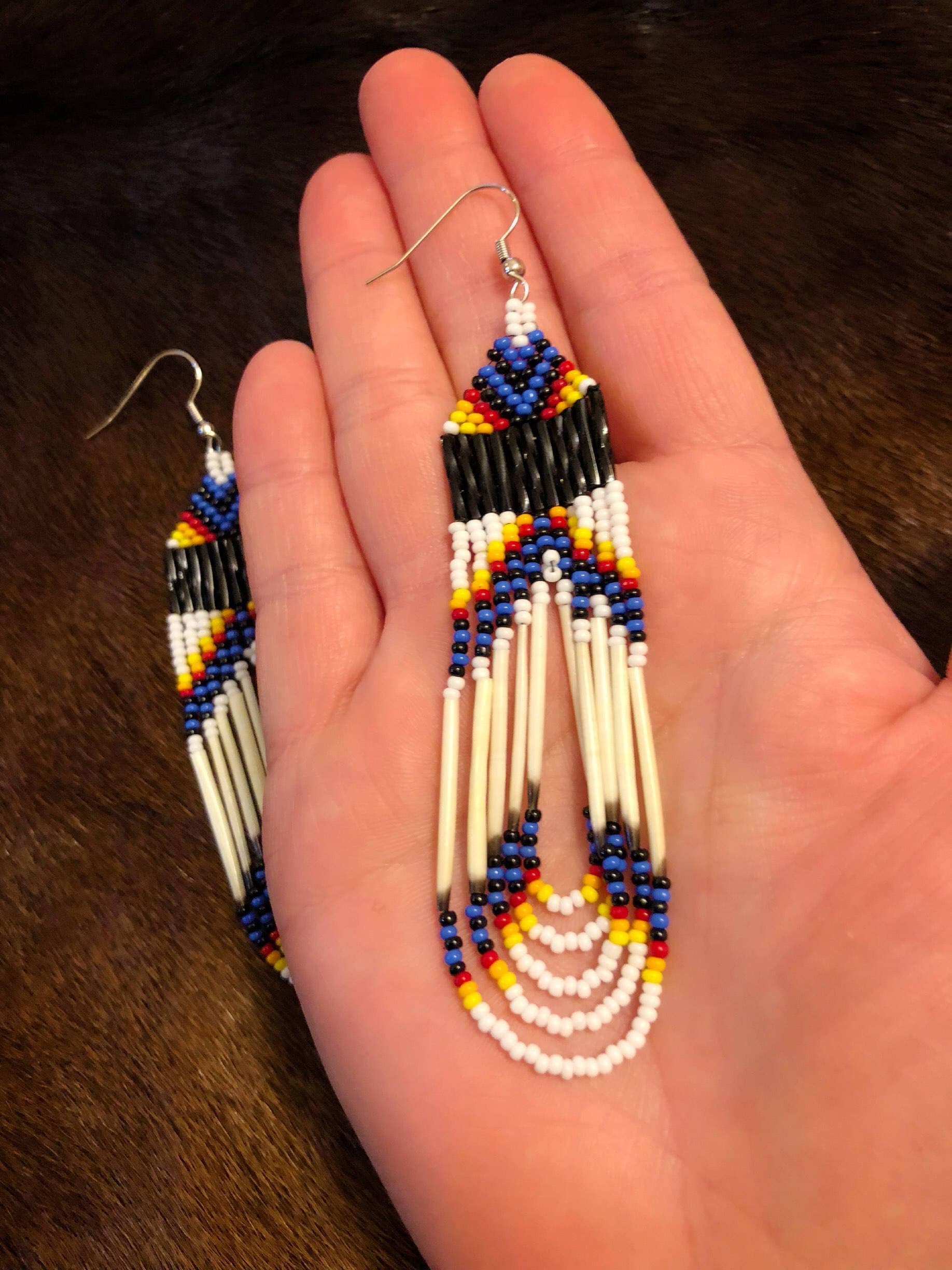 Porcupine Quill Earrings Native American Glass Beads Beaded