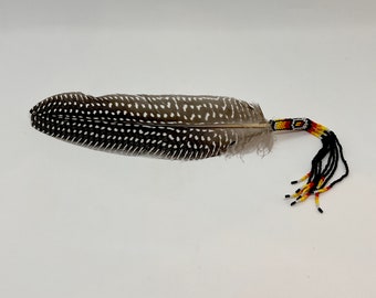 Beaded Smudge Feather with Beaded Fringe - Black - Native American