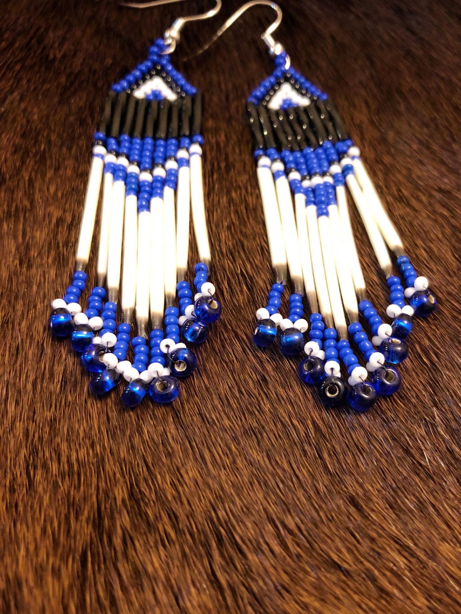 Porcupine Quill Earrings Native American Glass Beads Blue