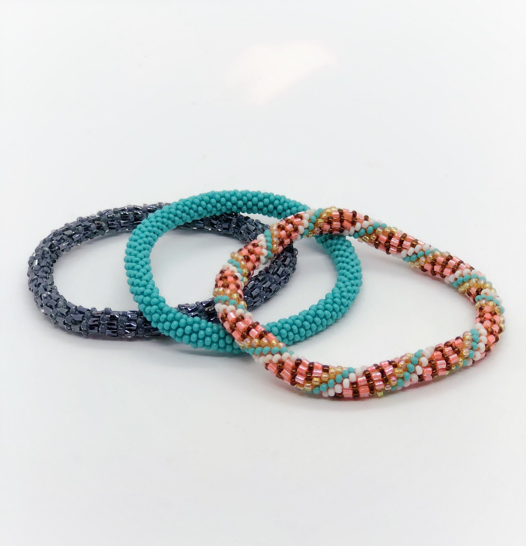 Beaded Roll On Bracelets Trio Three Stacking Bracelets Handmade
