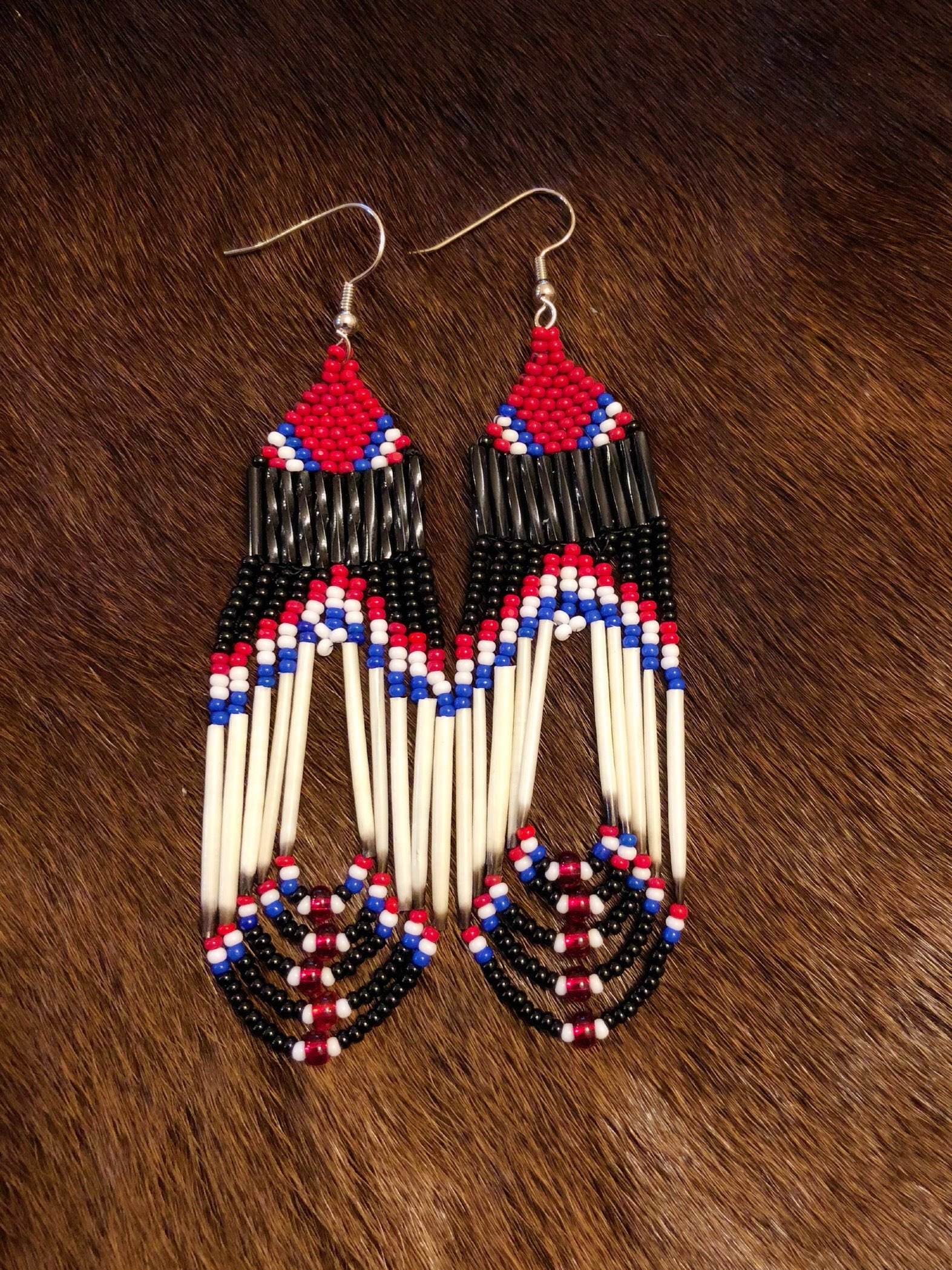 Porcupine Quill Earrings Native American Red White Blue Glass