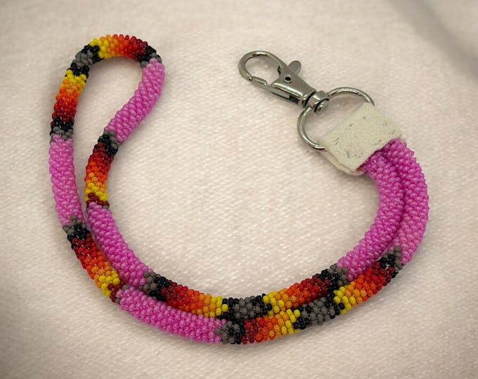 Beaded Wristlet Keychain - Native American Made - Pink - Buckskin - Clip Style