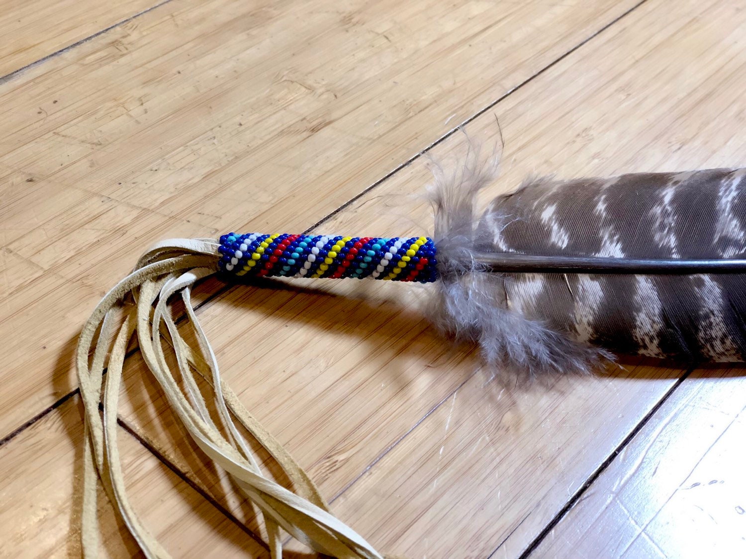 Beaded Smudge Feather Prayer Feather Beadwork Buckskin Fringe Native American