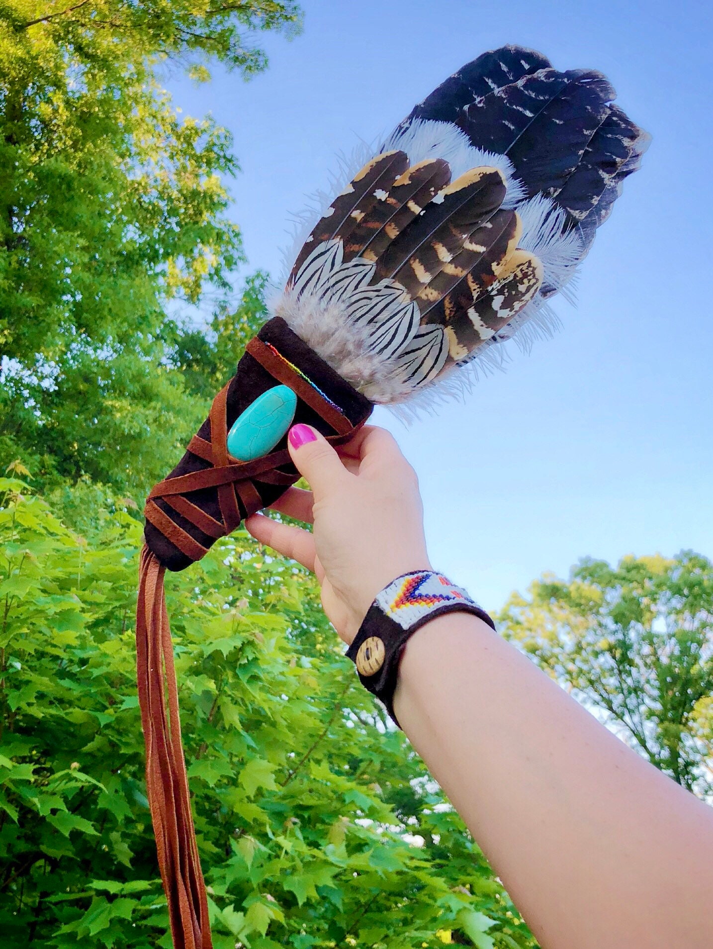 Native American Feather Fan - Dance Fan - Smudge Fan - Buckskin Handle -  Turquoise - Rainbow Beads - Powwow Fan - Regalia - Sioux - Lakota