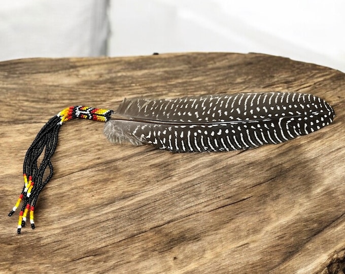 Beaded Smudge Feather with Beaded Fringe - Black - Native American