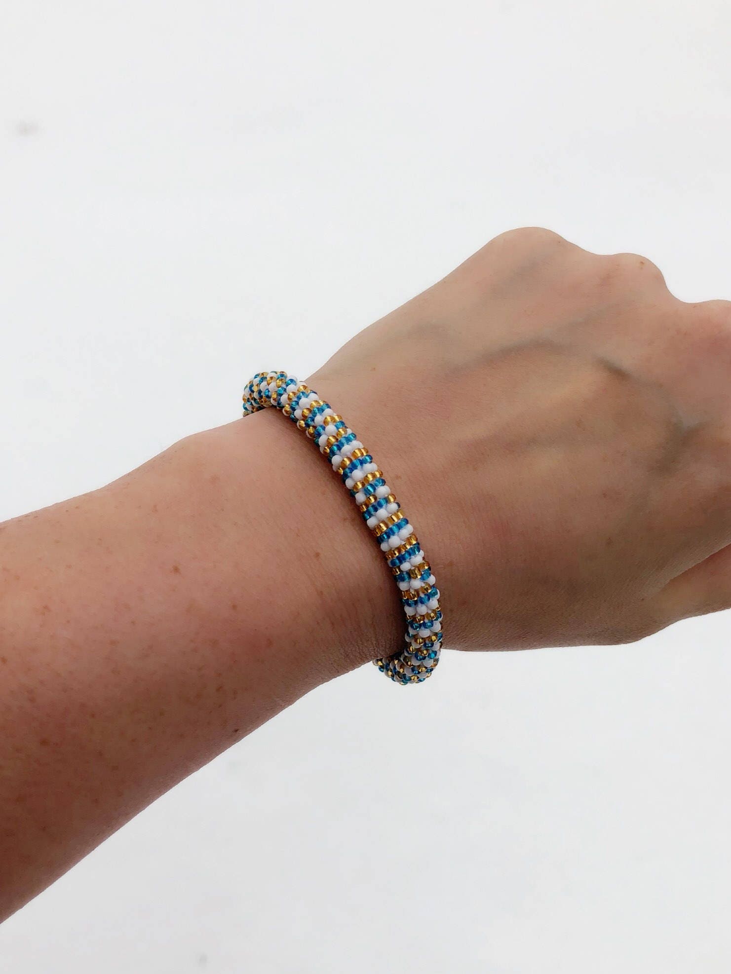 Beaded Bracelet Roll On Beaded Bracelet White Blue Gold Native