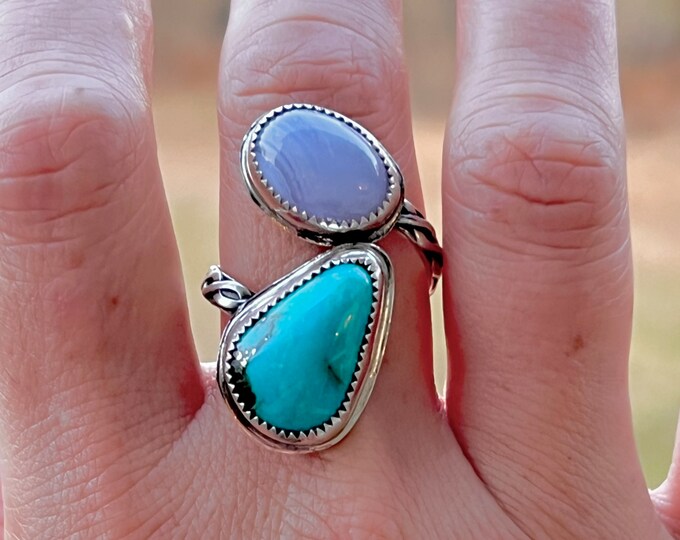 Adjustable Wrap Ring - Turquoise and Blue Lace Agate - Sterling Silver
