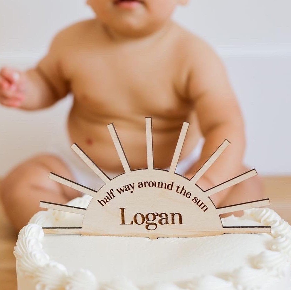 Half Way Around The Sun Birthday Cake Topper Half Way To One 6 Month Six Month Birthday Decor Baby Party Custom Name Boy Girl Boho Rustic