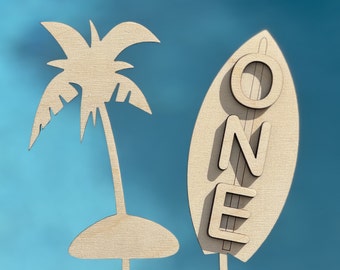 Surfboard Cake Topper Bundle | Palm Tree and Surf Board | Surfer Themed Birthday Decor | Custom | First | One | Personalized | Unisex | Wood