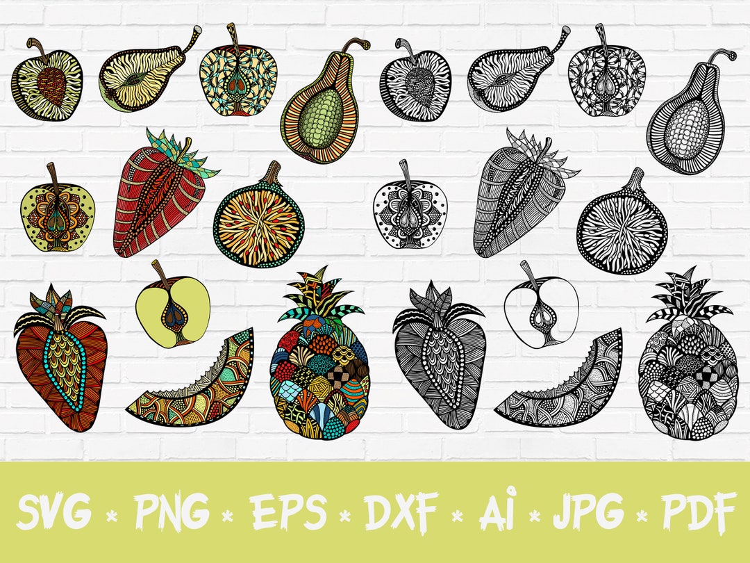 Fruit and Berry Bundle Zentangle Svg, Mandala Apple Clipart Dxf, Cut