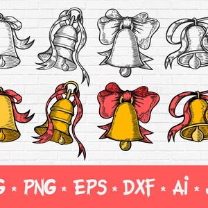 Cloches de Noël avec nœuds rouges SVG Christmas Bundle DXF Png Jpg Éléments décoratifs, fichiers pour Cricut. Clipart PNG transparent inclus.