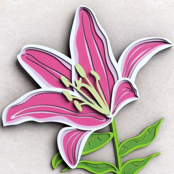 Lily Pink Flower 3D SVG Mandala, Meerlaags paneel voor lasersnijden, gelaagde SVG-bestanden voor CNC-router Laser of Cricut. De Bloem van Columbines