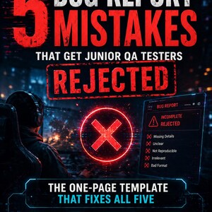 Op de afbeelding: Een digitale afbeelding met de tekst "5 Bug Report Mistakes That Get Junior QA Testers Rejected." De afbeelding bevat een rood "X" -symbool en een lijst met problemen met bugrapporten. De onderkant van de afbeelding luidt "The One-Page Template That Fixes All Five."