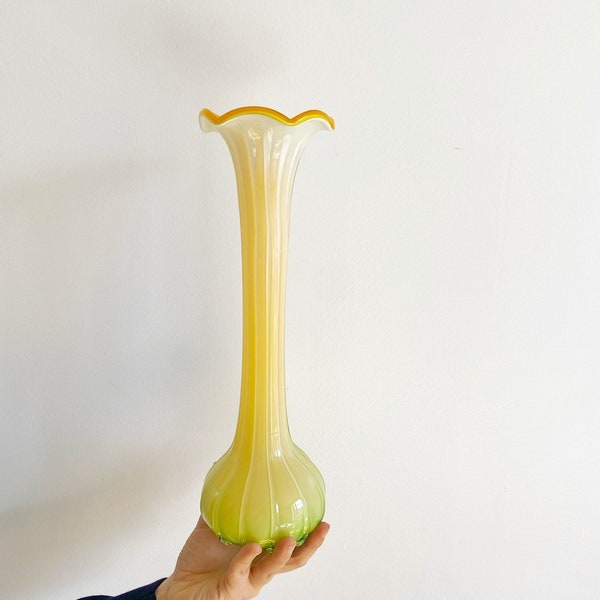 Grand vase corolle verre soufflé vintage Murano jaune