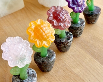 Sunflower in Pot Crystal Carving: UV reactive crystal garden decor
