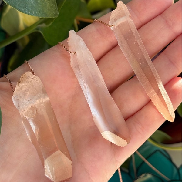 Scarlett Temple Lemurian Quartz Pendant Brazil Raw Pink Lemurian  Clear Quartz Point Necklace