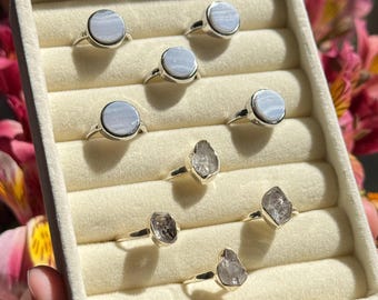Adjustable Gemstone Ring: Herkimer Diamond Quartz, Sterling Silver or Blue Lace Agate