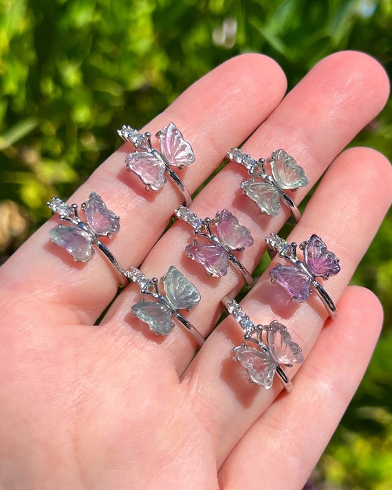 Rainbow Fluorite Butterfly Ring: UV Reactive White Bronze