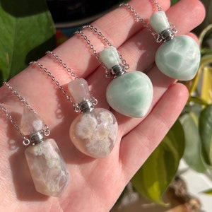 Snow Quartz or Flower Agate Vessel Pendant - heart essential oil necklace