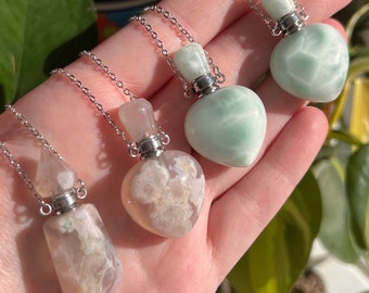 Snow Quartz or Flower Agate Vessel Pendant - heart essential oil necklace