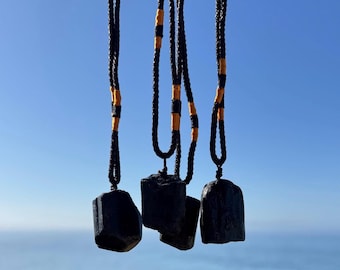 Raw black tourmaline necklace with woven adjustable cord