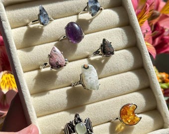 Natural Gemstone Adjustable Ring: Ocean Jasper, Amber, Peridot