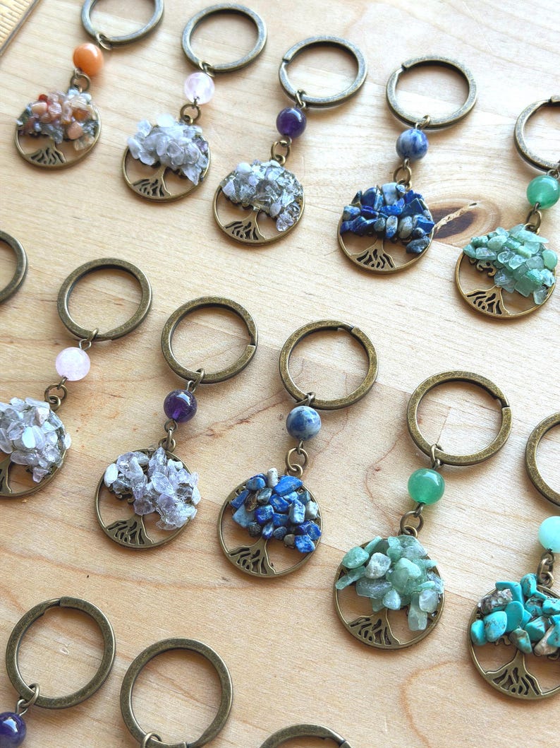 May Tree Keychain Tree of Life Keychain: Antique Gold Bronze With Natural Gemstone Charms ...