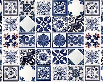 SPECIAL SALE 50 Blue and Off white Assorted Mexican Ceramic 4x4 inch Hand Made Tiles