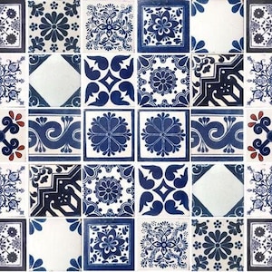 May include: A collection of blue and white patterned ceramic tiles. The tiles feature various geometric and floral designs.