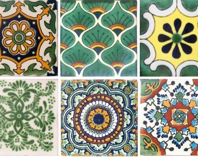10 Mexican Ceramic tiles  4x4 inch Handmade Green Tiles (1 each design like the ones in the photo)