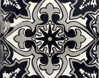 90 Mexican Ceramic 4.25 x 4.25  inch Hand Made Tile Off white/Black L#004