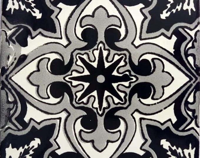 90 Mexican Ceramic 4.25 x 4.25  inch Hand Made Tile Off white/Black L#004