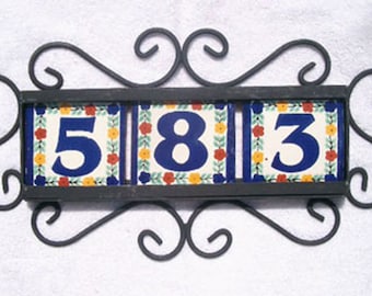 House number, 3 Mexican Tiles Talavera House Numbers & Horizontal Iron Frame