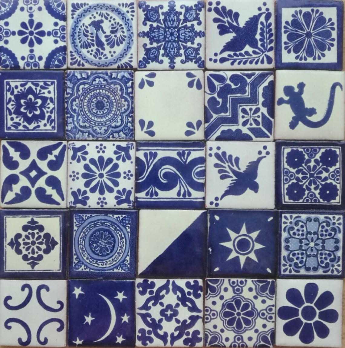 25 tiles 2x2 inch. Blue and Off white Assorted Mexican Ceramic Etsy