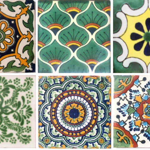 100 Azulejos Surtidos de Cerámica Mexicana de 4 x 4 pulgadas, Hechos a Mano, Verdes, 10 de cada diseño. Juego #001