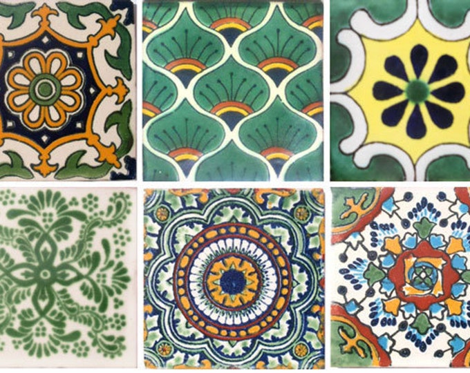 100 Assorted Mexican Ceramic 4x4 inch Handmade Green Tiles 10 each design
