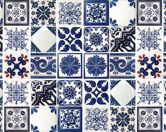 50 Blue and Off white Assorted Mexican Ceramic 4x4 inch Hand Made Tiles #001