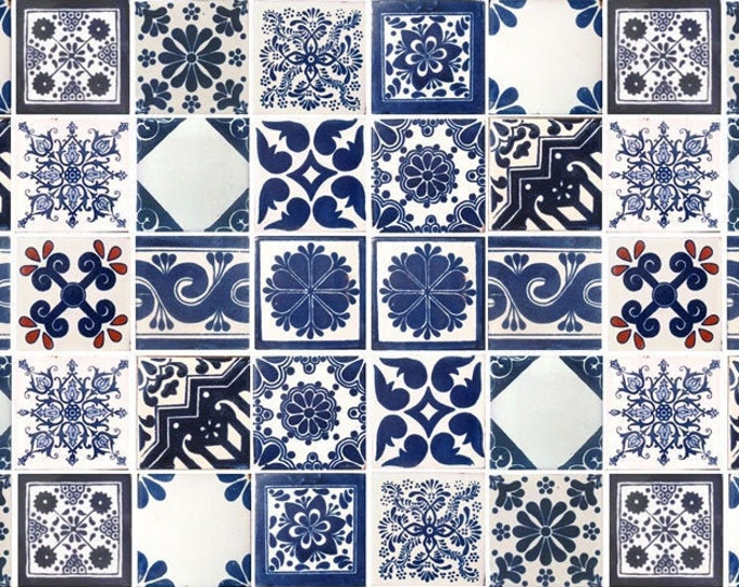 50 Blue and Off white Assorted Mexican Ceramic 4x4 inch Hand Made Tiles #001