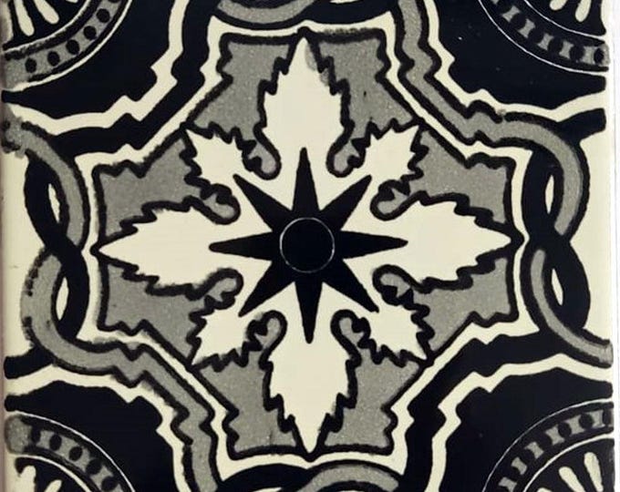 90 Mexican Ceramic 4.25 x 4.25  inch Hand Made Tile Off white/Black L#001