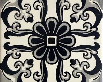 90 Mexican Ceramic 4.25 x 4.25  inch Hand Made Tile Off white/Black L#002