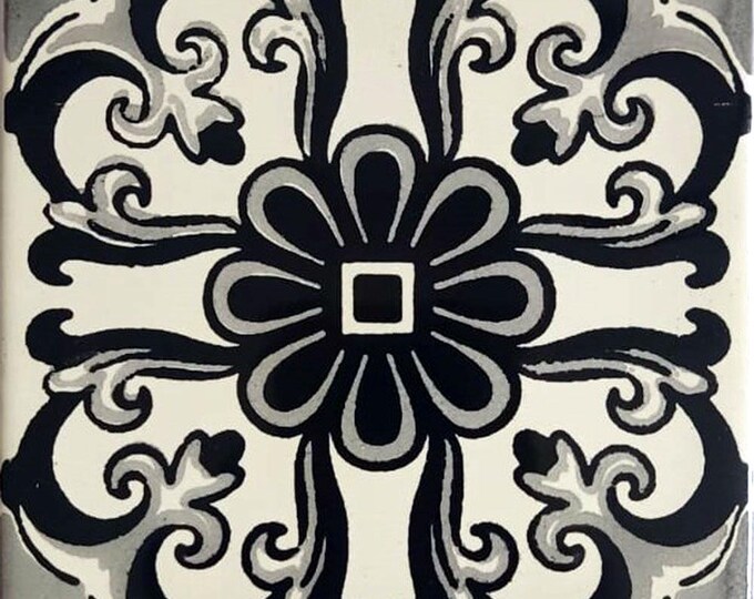 90 Mexican Ceramic 4.25 x 4.25  inch Hand Made Tile Off white/Black L#002