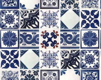 25 Blue and Off white Assorted Mexican Ceramic 4x4 inch Hand Made Tiles #001