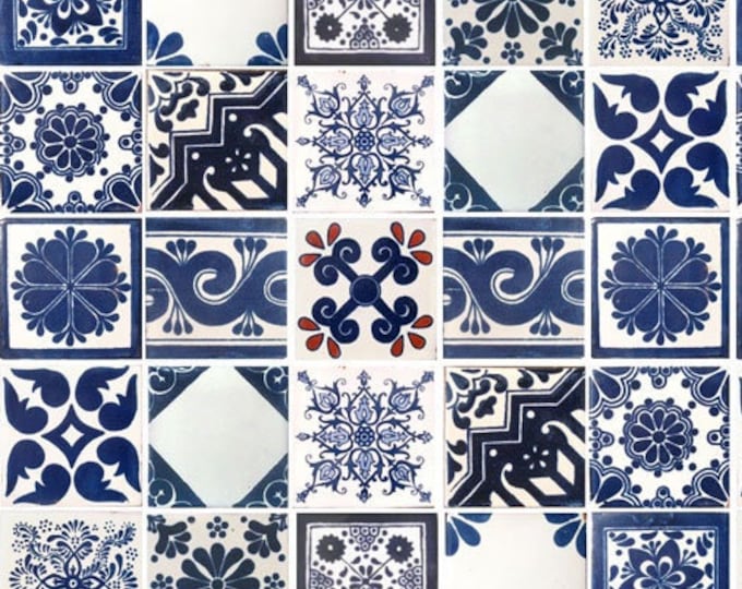 25 Blue and Off white Assorted Mexican Ceramic 4x4 inch Hand Made Tiles