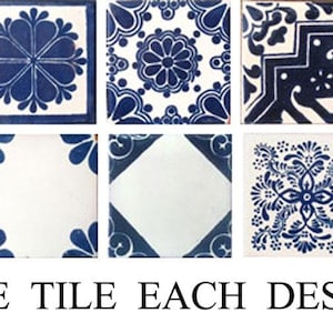 May include: Ten blue and white ceramic tiles with different geometric and floral patterns. The tiles are arranged in a grid with the text "ONE TILE EACH DESIGN" below them.