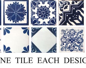10 Assorted Mexican Ceramic 4x4 inch Handmade blue Tiles 1 each design blue #003