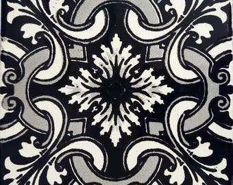 90 Mexican Ceramic 4.25 x 4.25  inch Hand Made Tile Off white/Black L#006