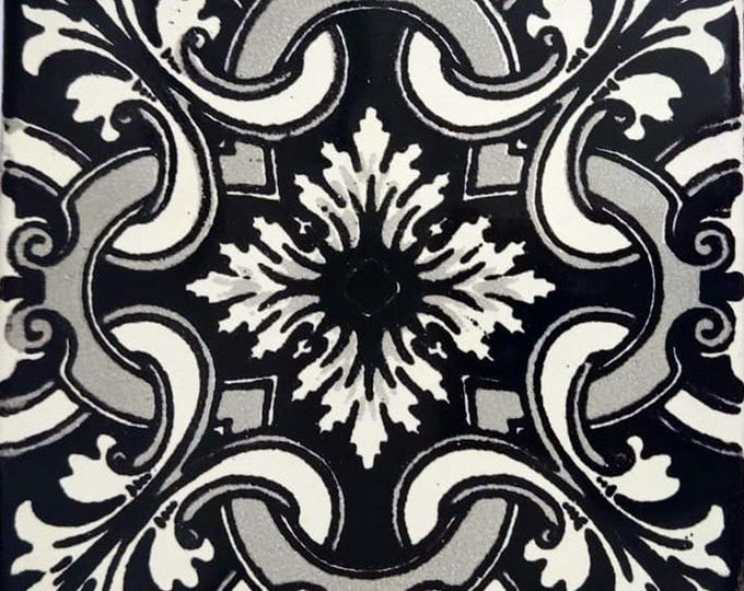 90 Mexican Ceramic 4.25 x 4.25  inch Hand Made Tile Off white/Black L#006