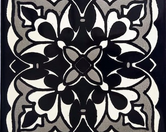 90 Mexican Ceramic 4.25 x 4.25  inch Hand Made Tile Off white/Black L#009